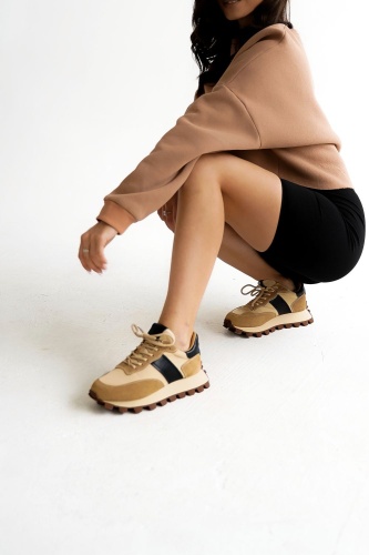 ht21-1 Кроссовки бежевые с черными вставками из натуральной кожи фото 11